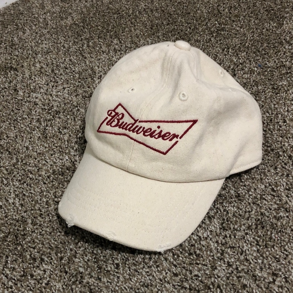 American Eagle Outfitters Cream Baseball Hat with Red Script Logo